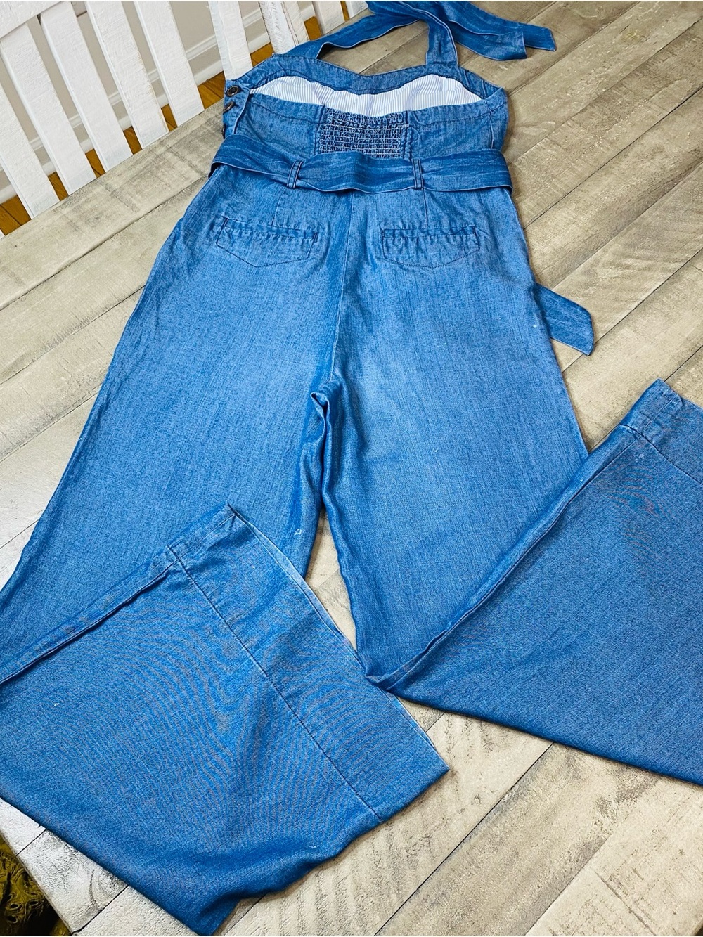 Anthropologie Elevenses Sharlene Denim Halter Jumpsuit Wide Leg Flare Size 6 - Picture 9 of 13
